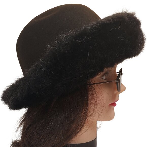 Da-Me Women's Brown Wool Hat w/ Faux Fur Trim. Made in Italy. 23" - Picture 4 of 10